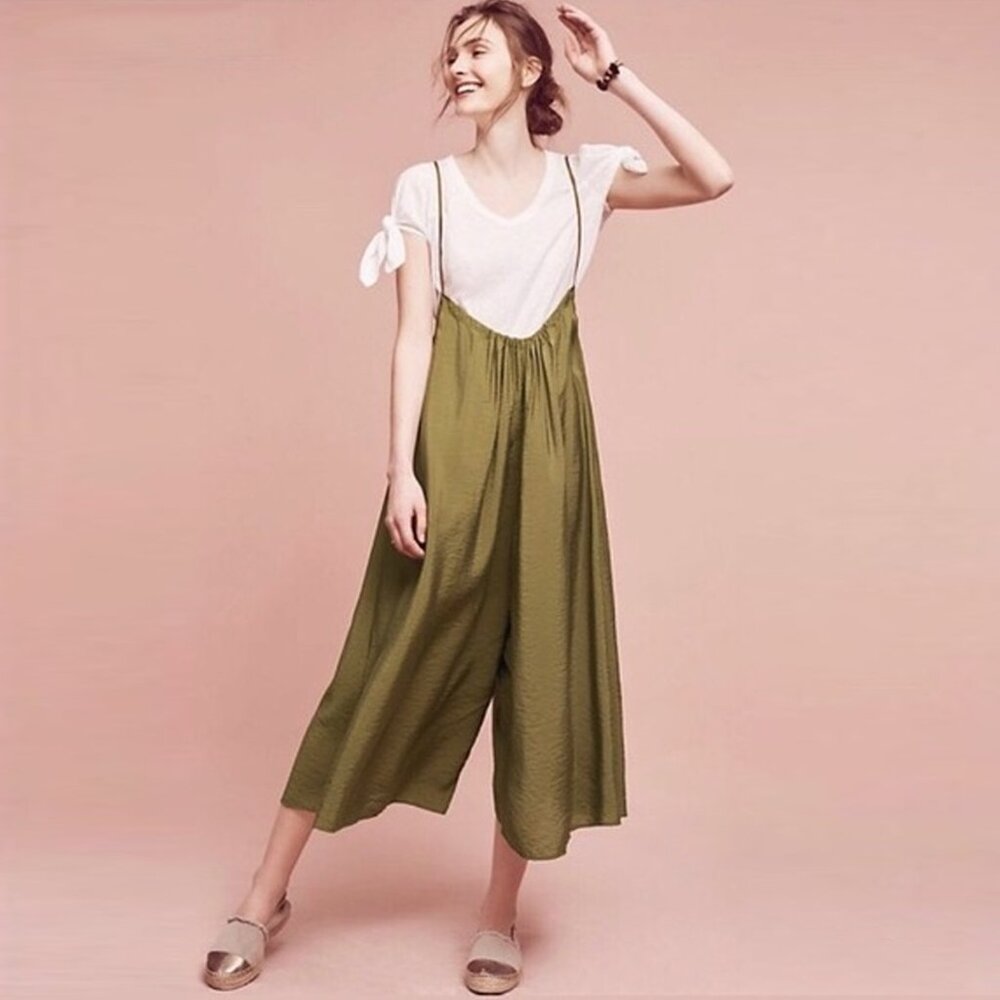 Anthropologie Akemi + Kin Green Suspender Wide Leg Jumpsuit Romper small